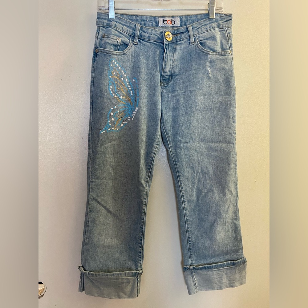BQB Womens Light Blue Denim Jeans 7 Butterfly Embellishing Low Rise 32x25 Crop